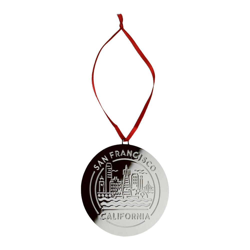 Metallic ornament with 'San Francisco, California' text and cityscape design on a white background.