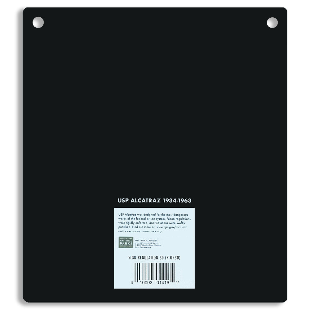 Black metal sign with white text and barcodes on a white background