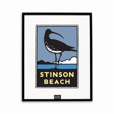 Framed poster of Stinson Beach featuring a silhouette of a bird on a blue and white background with the text 'STINSON BEACH' below.