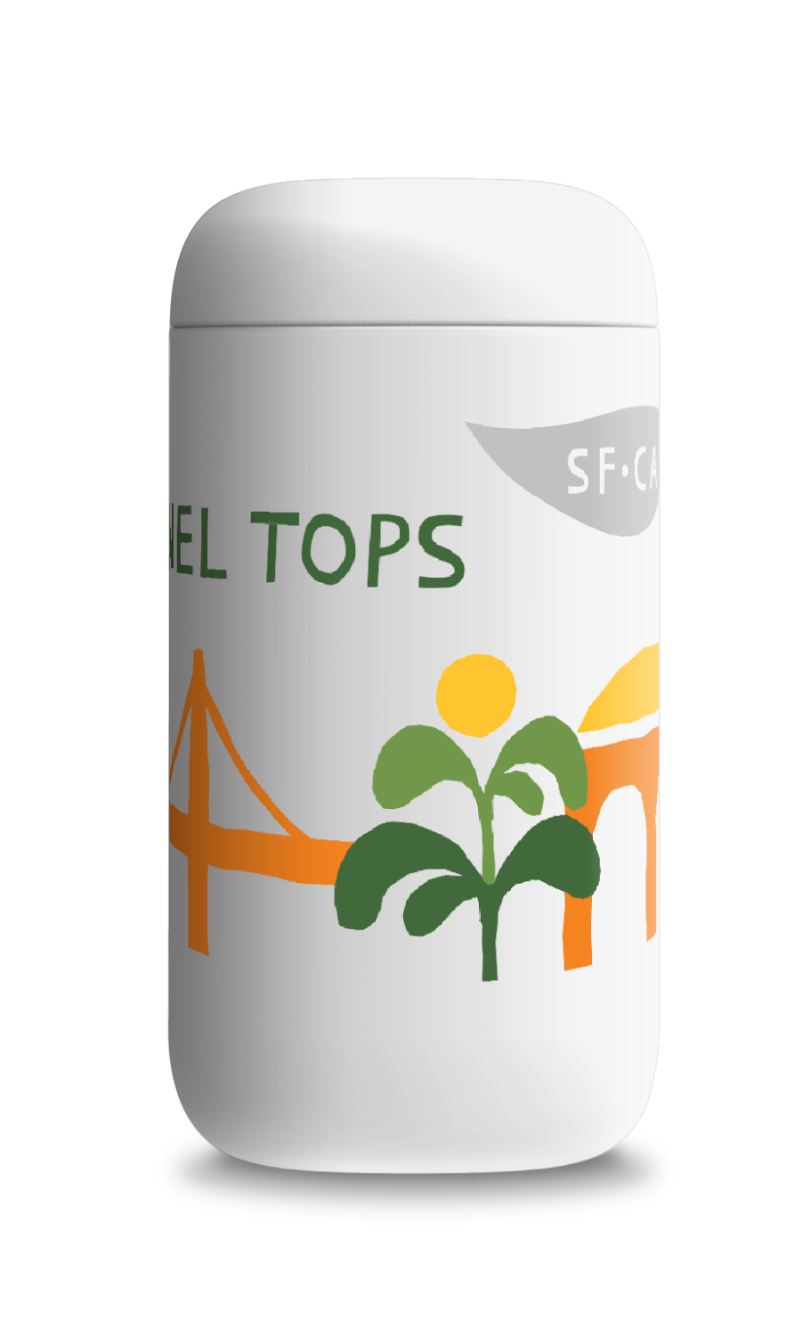 White travel mug with colorful illustrated Presidio Tunnel Tops design, including Golden Gate Bridge, Tunnels, and Palace of Fine Arts.