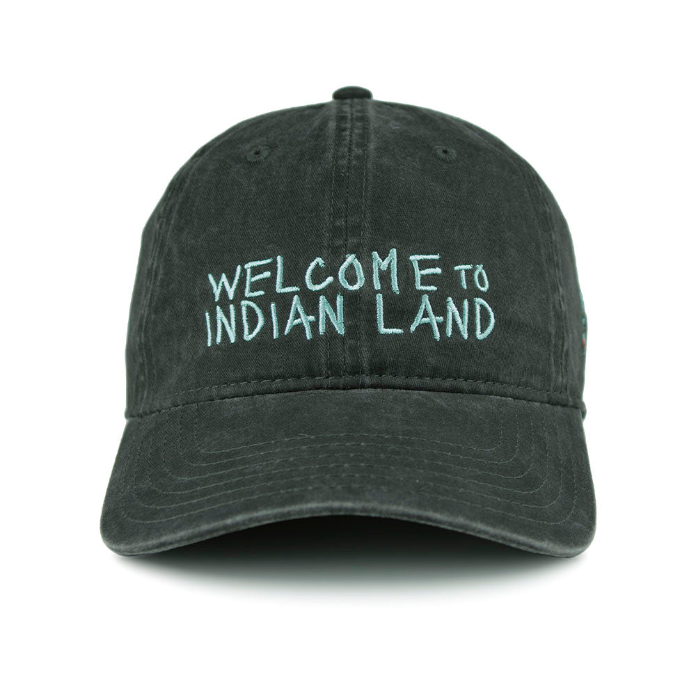 Black cap with 'Welcome to Indian Land' embroidered text in blue