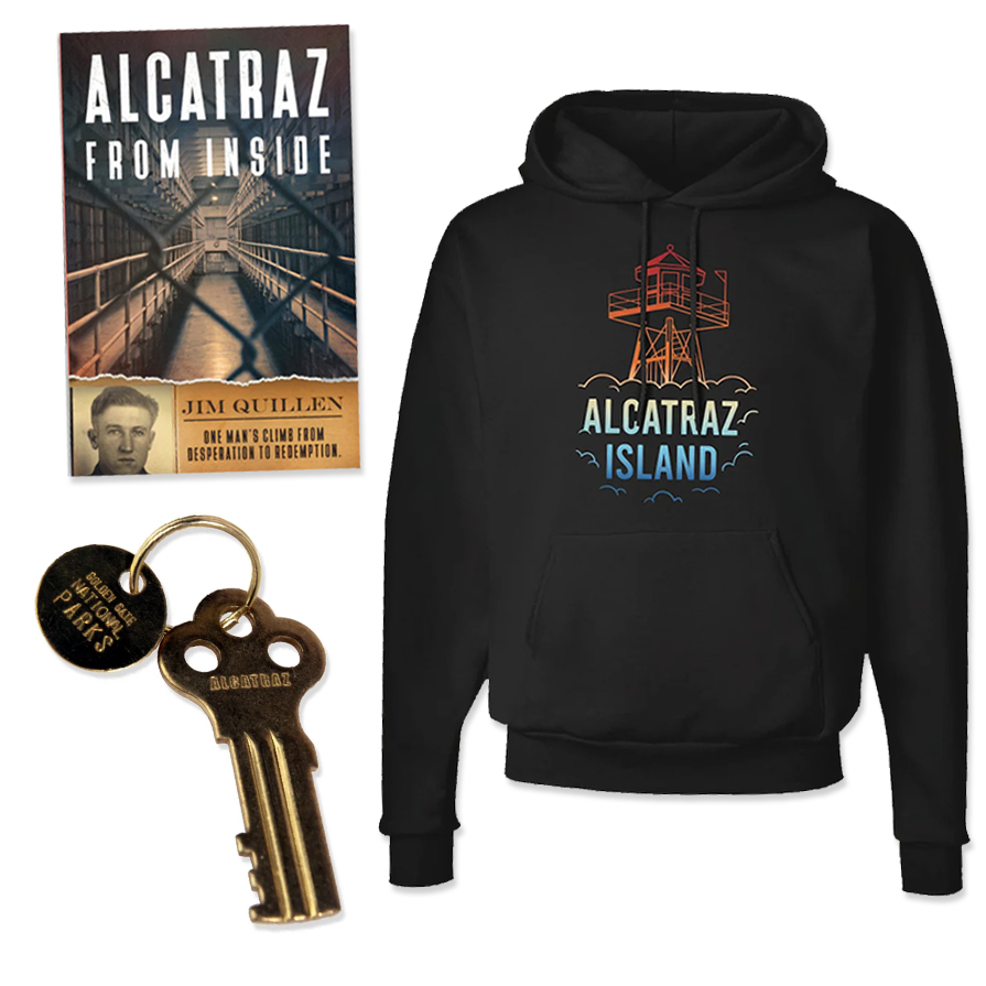 Alcatraz from Inside book, Alcatraz replica prison key, and Alcatraz Island guard tower sweatshirt multi-color