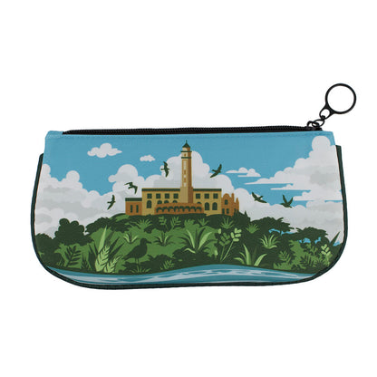 Pouch with Alcatraz Island lighthouse design with trees and birds, against a blue sky.