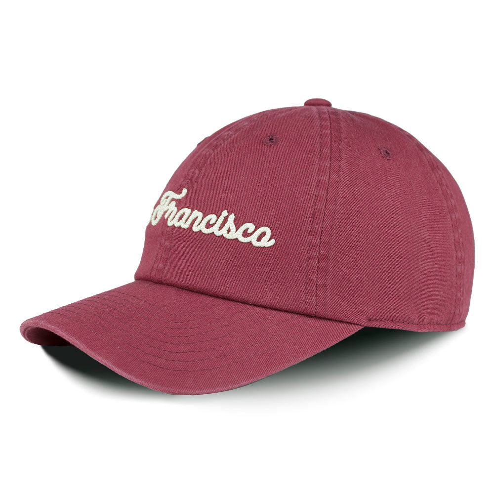 Maroon cap with 'Francisco' text on a white background