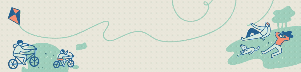 An animated gif of colorful illustrated characters enjoying nature at Crissy Field, with text "Celebrating Crissy Field All Year Long"