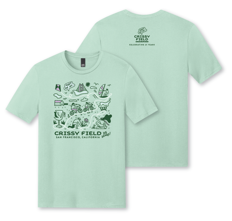 Light green t-shirt with screen-printed illustrations of Crissy Field Celebrating 25 Years Anniversary by Golden Gate National Parks Conservancy