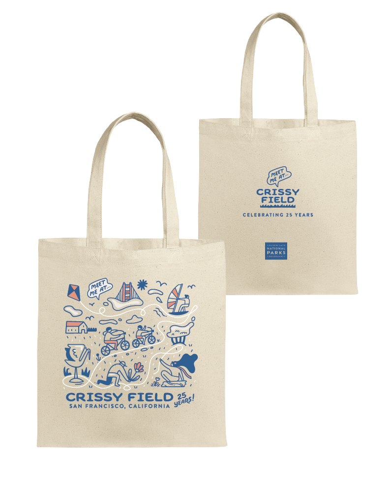 Canvas tote bag with screen-printed illustrations of Crissy Field Celebrating 25 Years Anniversary by Golden Gate National Parks Conservancy