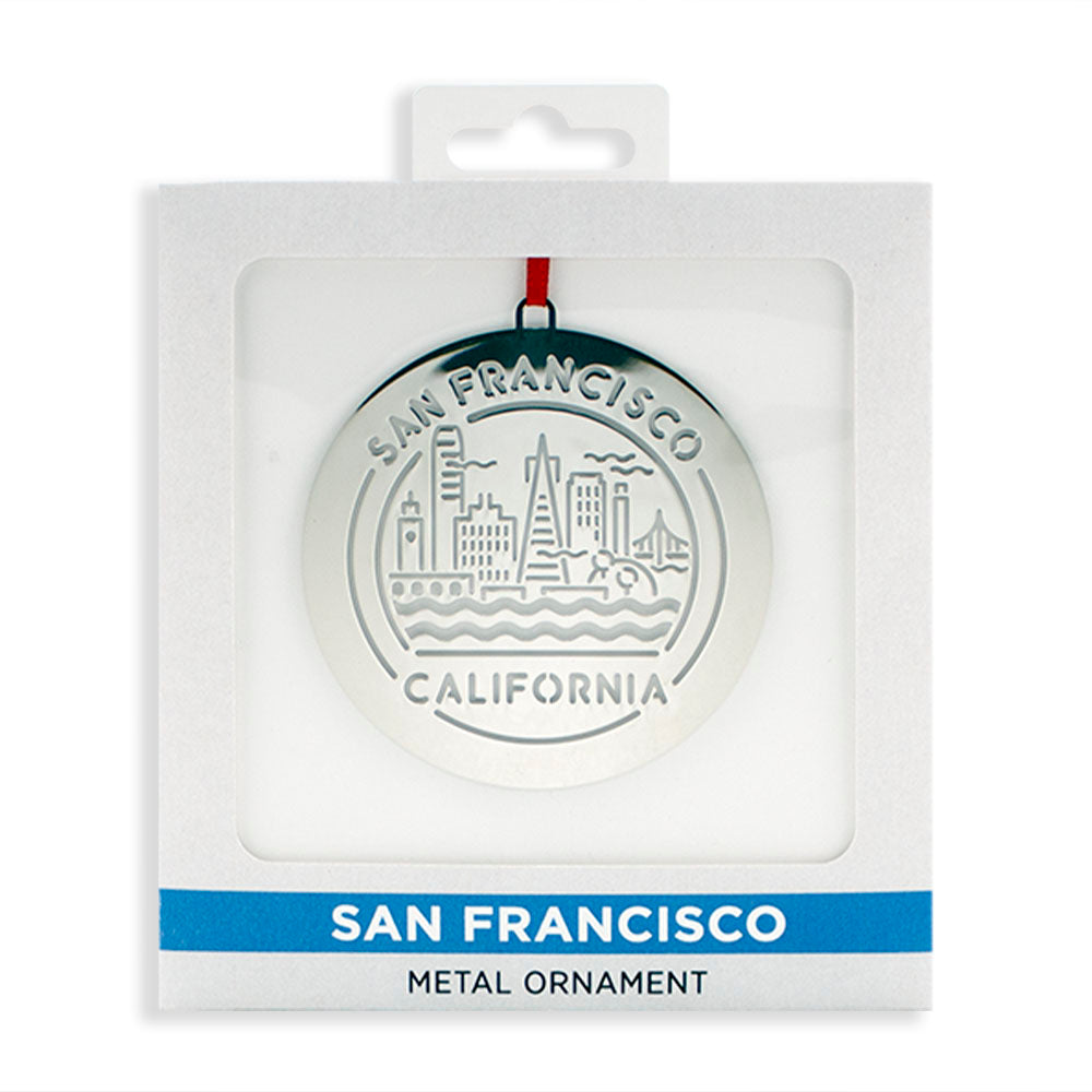 Silver San Francisco skyline metal ornament in packaging on a white background