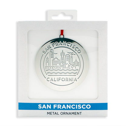 Silver San Francisco skyline metal ornament in packaging on a white background