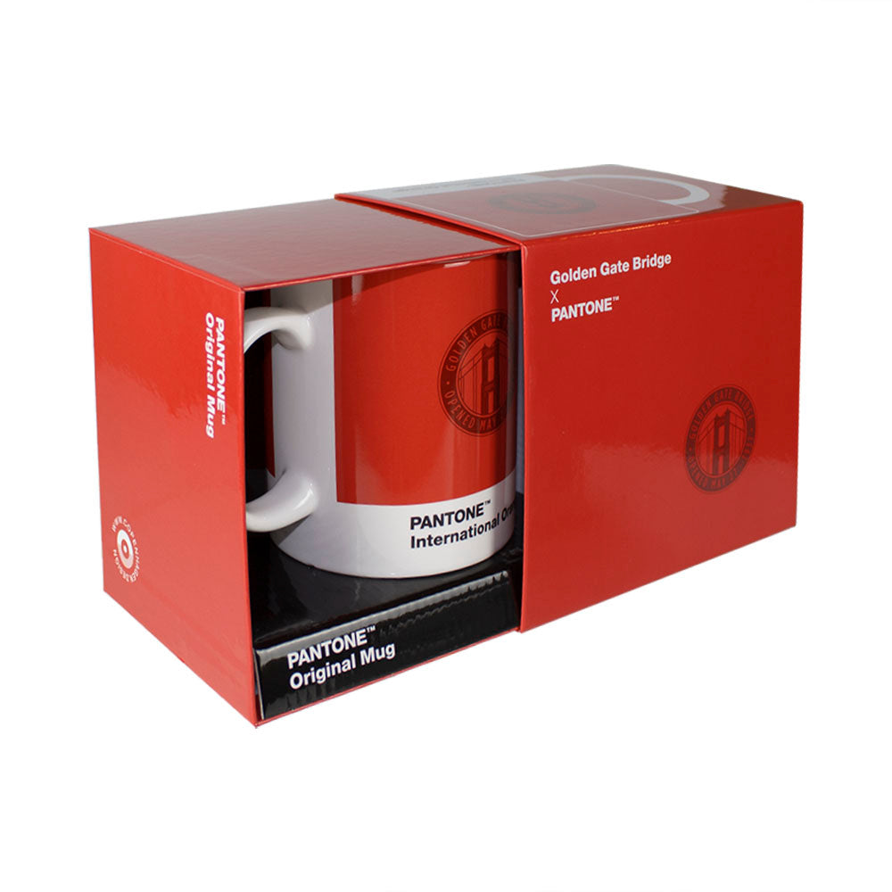 Red and white International Orange Golden Gate Bridge mug in a Pantone branded box on a white background