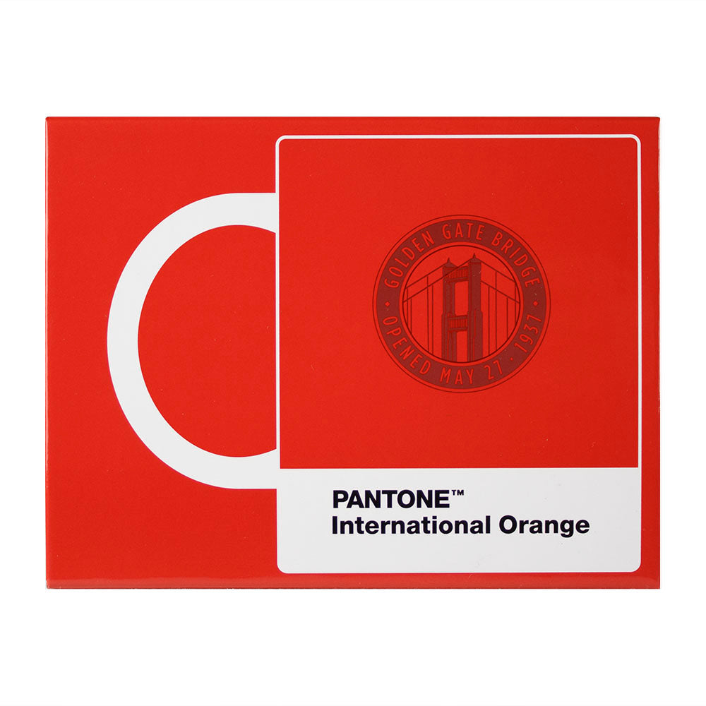 Package gift box for Pantone International Orange Golden Gate Bridge mug, depicting red mug with white handle on a red background. 