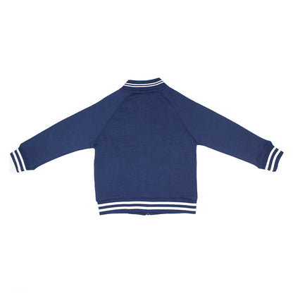 Blue kids varsity jacket with white stripes on a white background