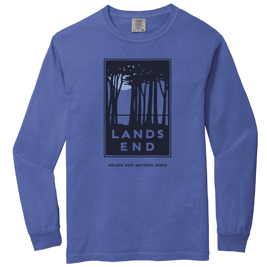 Long sleeve blue-purple t-shirt with screen printed design in black of Lands End Golden Gate National Parks by Michael Schwab