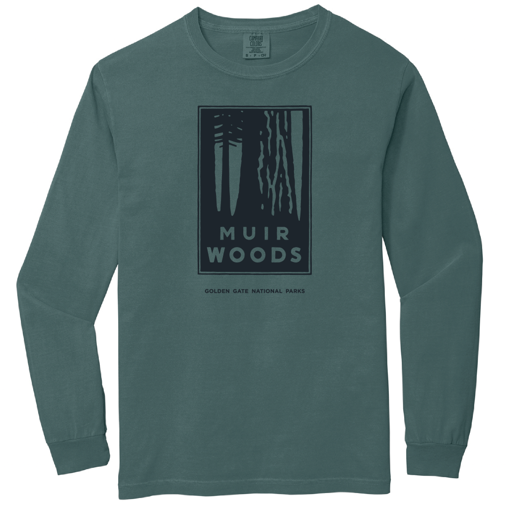 Dark green long sleeve t-shirt with black screen printed Muir Woods art by Michael Schwab
