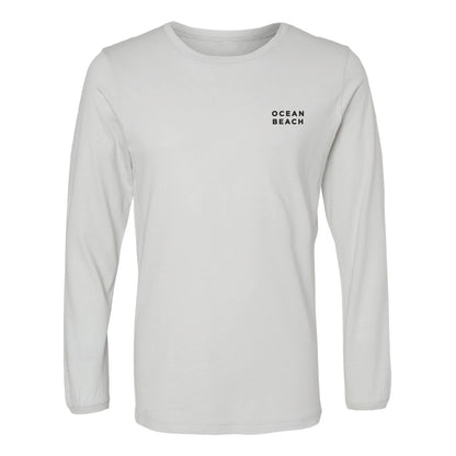 Screen-printed Ocean Beach t-shirt by Golden Gate National Parks Conservancy, white long-sleeve with black text on chest