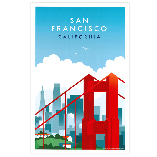 11x17 San Francisco California print featuring art by Charles House, produced by the Golden Gate National Parks Conservancy. A colorful illustration of San Francisco's skyline with the Golden Gate Bridge in the foreground.