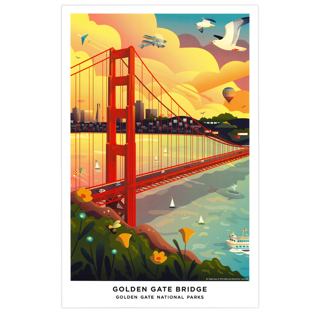 11x17 Golden Gate Bridge San Francisco print featuring art by Charles House, produced by the Golden Gate National Parks Conservancy. A colorful illustration of the Golden Gate Bridge silhouetted against a bustling landscape with seagulls, boats, wildflowers, whales, and more.