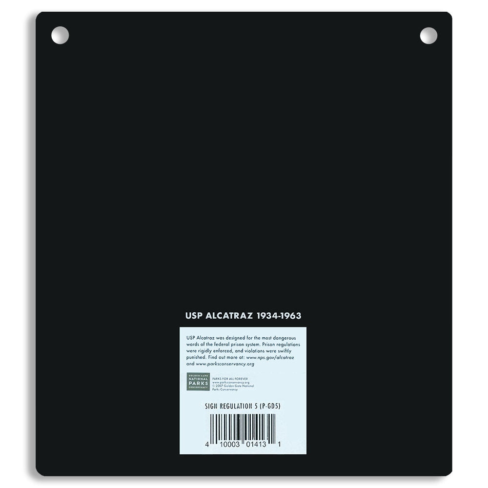 Black metal sign with text and barcodes on a white background