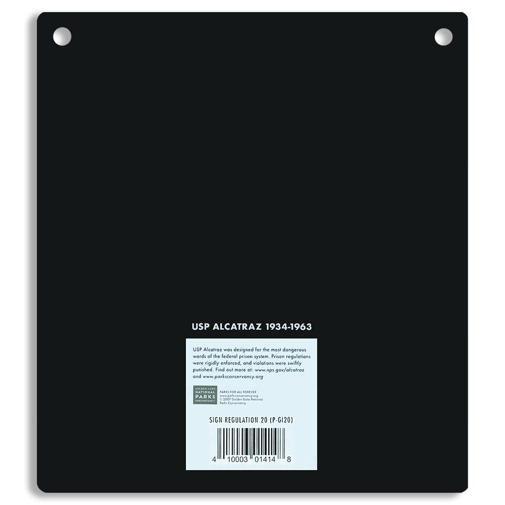 Black metal sign with text and barcodes on a white background