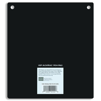 Black metal sign with text and barcodes on a white background