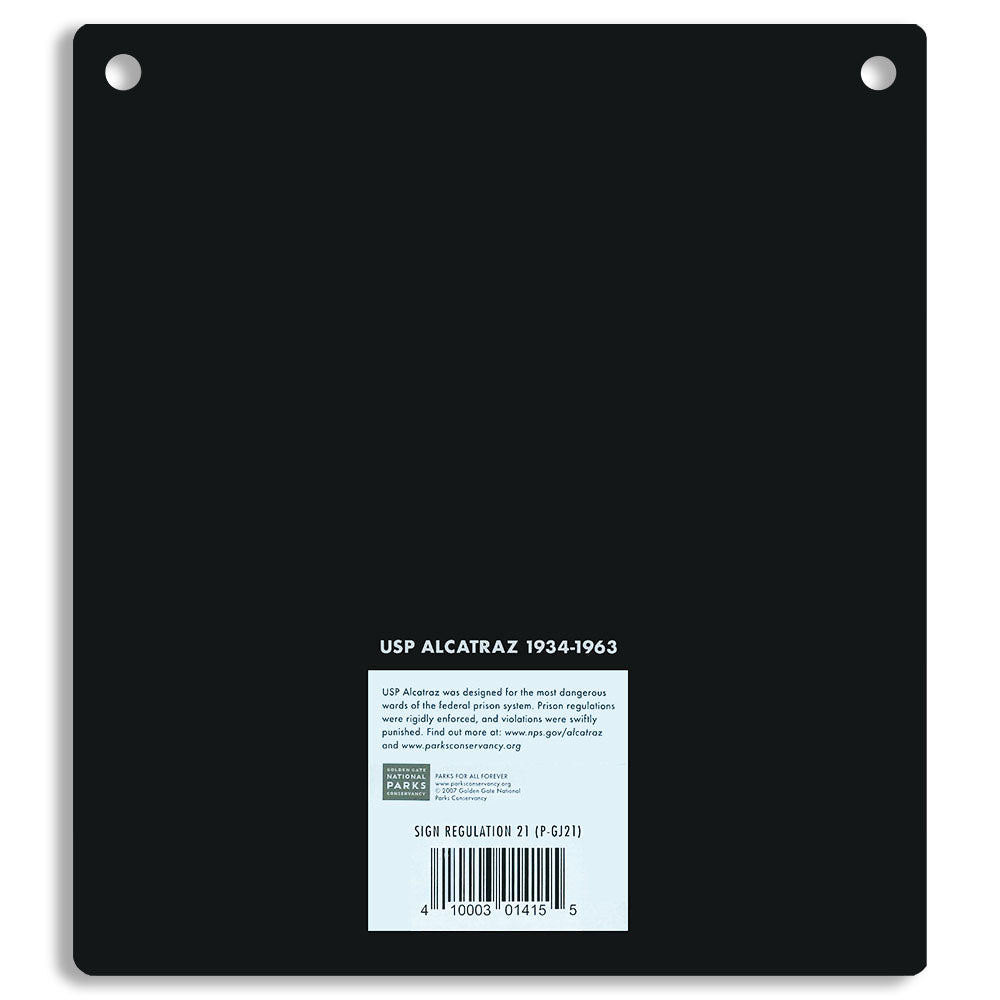 Black metal sign with white text and barcodes on a white background