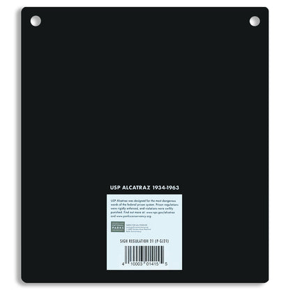 Black metal sign with white text and barcodes on a white background