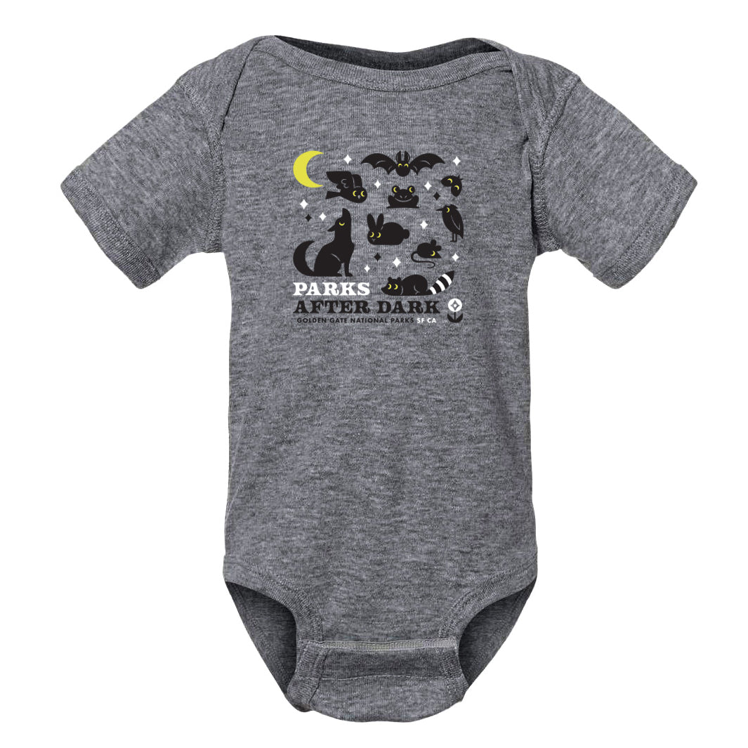 Parks After Dark baby onesie, black and white screen-print design on heather gray onesie, with glow-in-the-dark yellow accents.