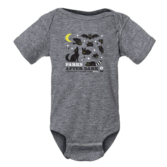 Parks After Dark baby onesie, black and white screen-print design on heather gray onesie, with glow-in-the-dark yellow accents.