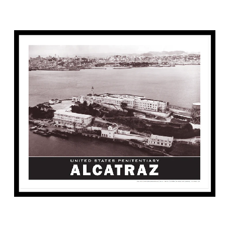 Framed poster of 1950 black and white aerial photograph of United States Penitentiary Alcatraz