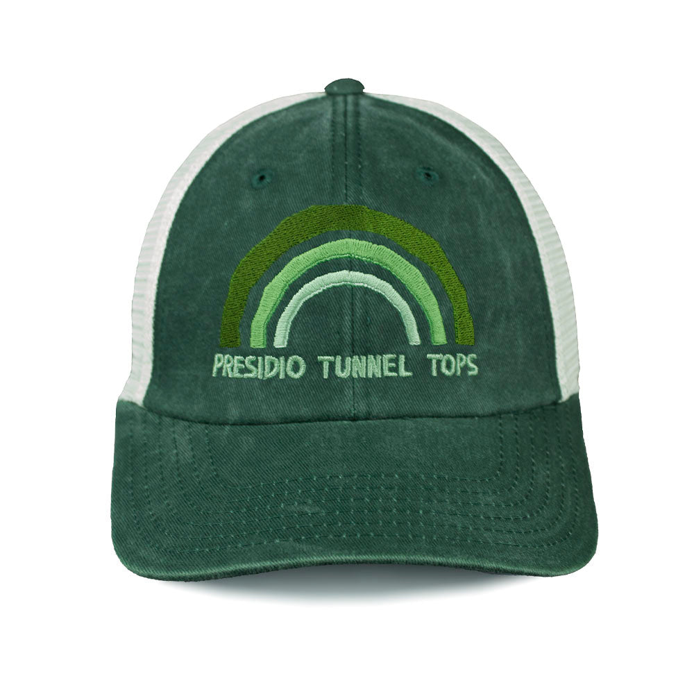 Green trucker cap with embroidered Presidio Tunnel Tops logo 