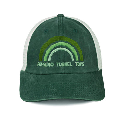 Green trucker cap with embroidered Presidio Tunnel Tops logo 