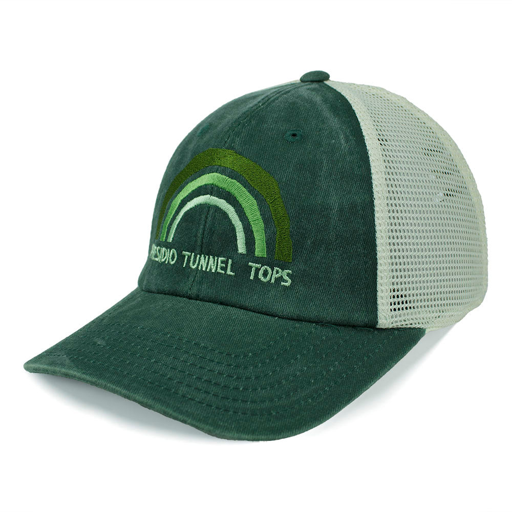 Green trucker cap with embroidered Presidio Tunnel Tops logo 