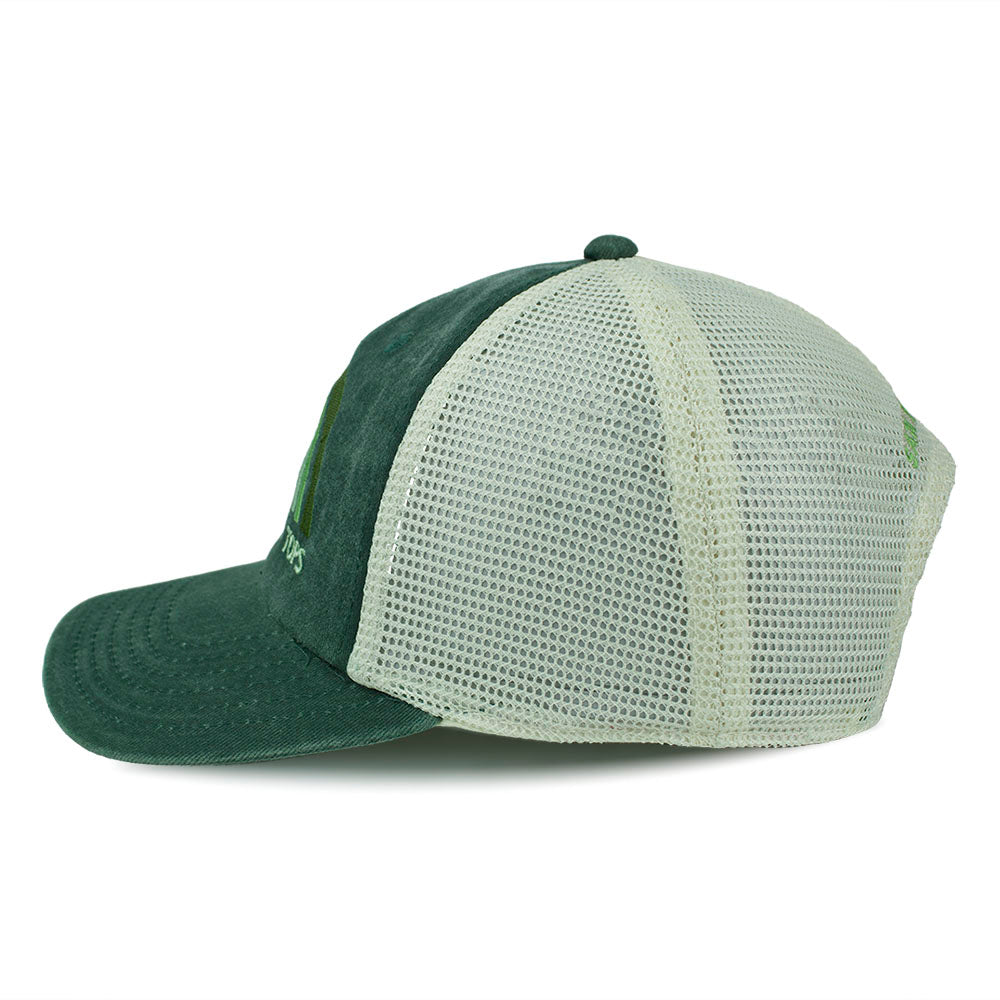 Green trucker cap with embroidered Presidio Tunnel Tops logo 