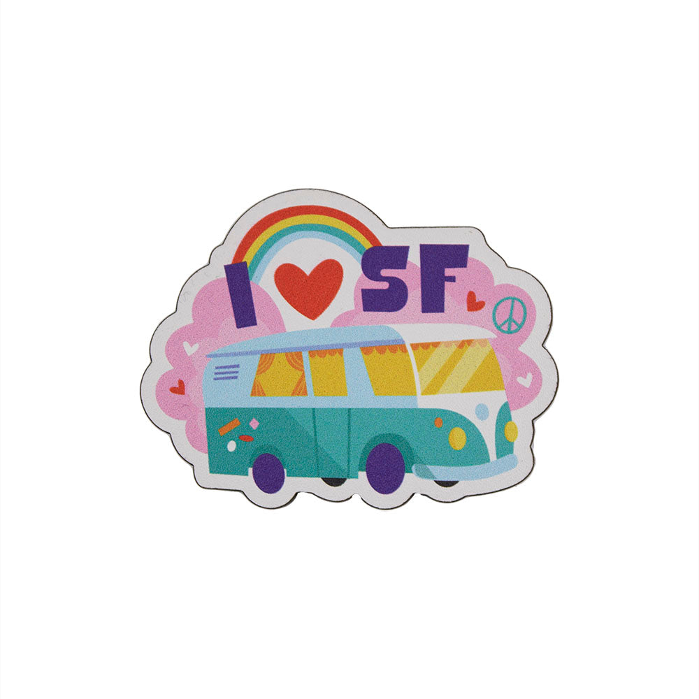 Cutout style refrigerator magnet featuring I HEART SF artwork with a rainbow, hearts, peace sign, and groovy van.