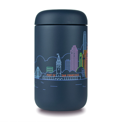 Dark blue thermos with rainbow San Francisco skyline design