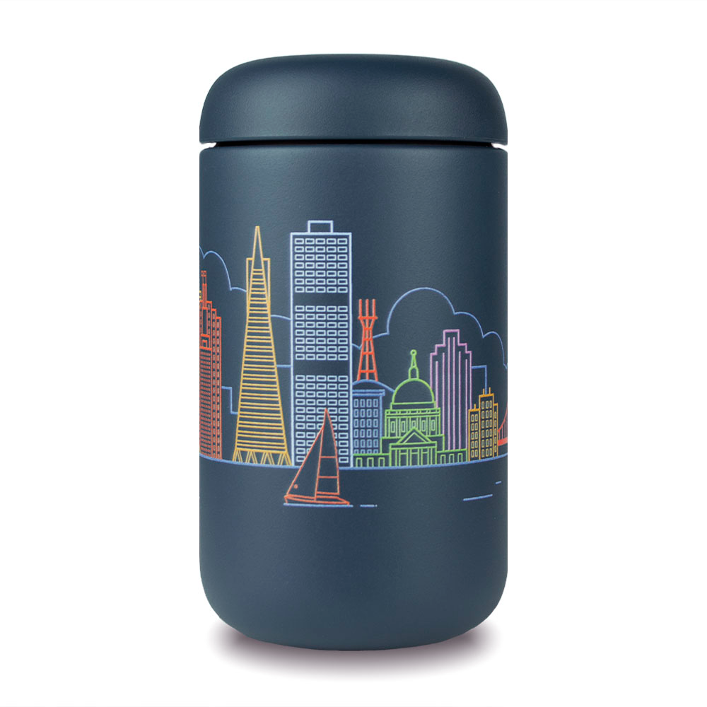 Dark blue thermos with rainbow San Francisco skyline design