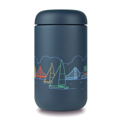 Dark blue thermos with rainbow San Francisco skyline design