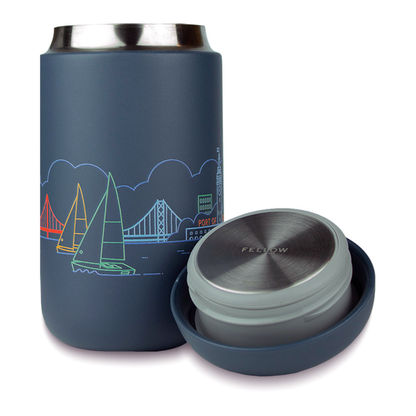 Dark blue thermos with rainbow San Francisco skyline design