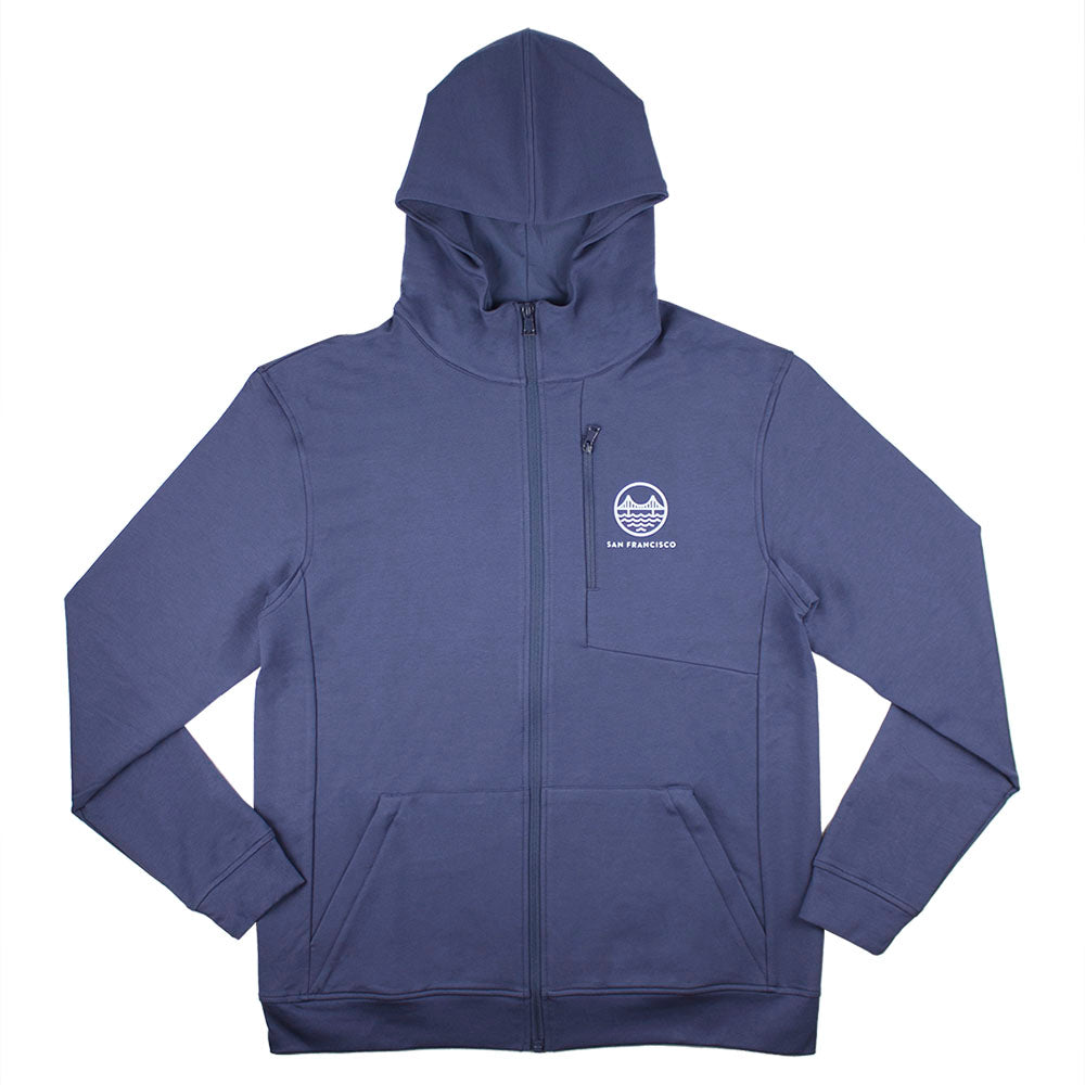 Blue hoodie with San Francisco Golden Gate Bridge logo on a white background