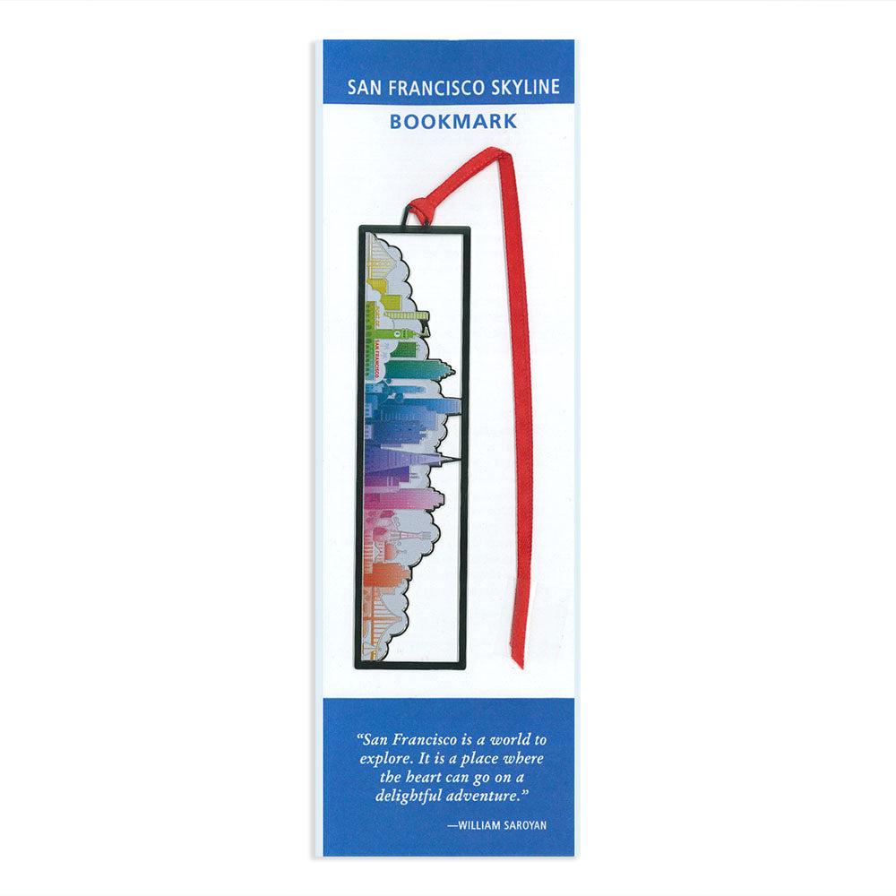 Rainbow colored San Francisco skyline cutout metal bookmark in packaging with blue and white design