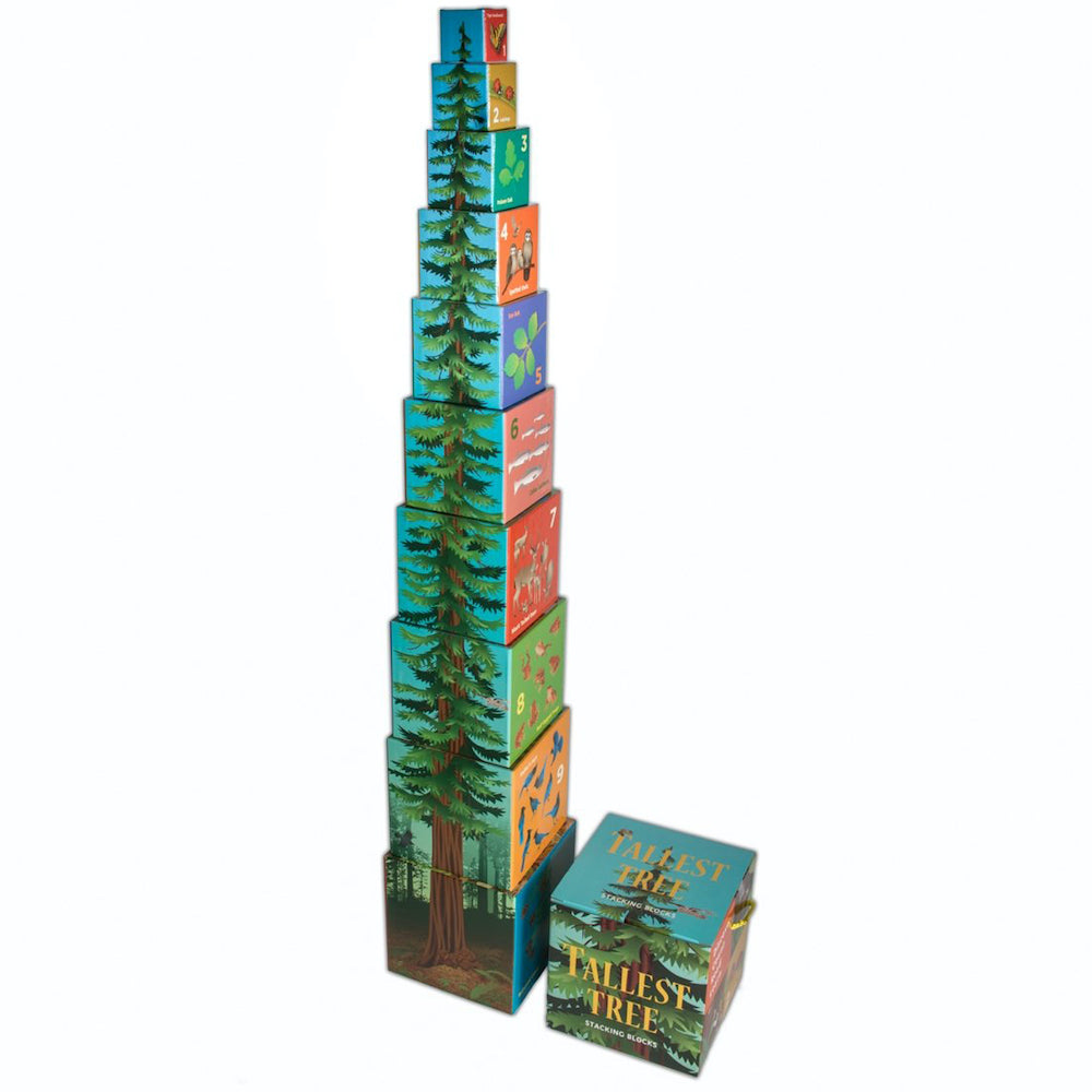 Tallest tree stacking blocks, featuring colorful illustrations of California redwood forest plants and animals.