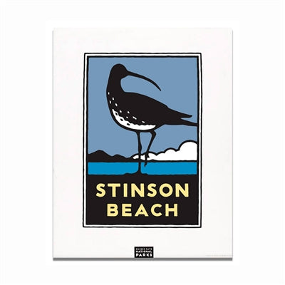 A poster depicting a bird silhouette with 'STINSON BEACH' text against a blue and white background.
