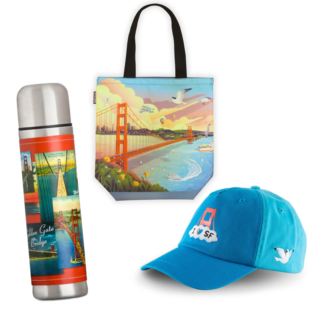 Golden Gate Bridge travel thermos with vintage sleeve, colorful illustrated tote bag, and embroidered kids cap