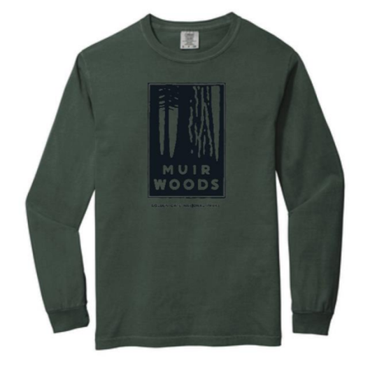 Dark green long sleeve t-shirt with black screen printed Muir Woods art by Michael Schwab