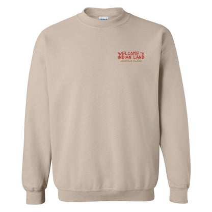 Alcatraz Welcome to Indian Land sweatshirt with red and yellow graphics