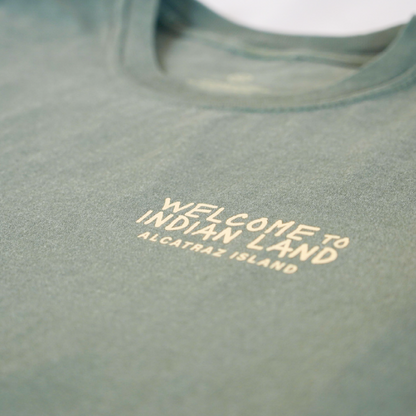 Alcatraz Welcome to Indian Land t-shirt with cream yellow graphics