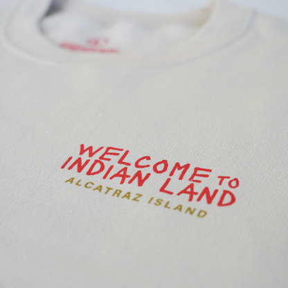 Alcatraz Welcome to Indian Land sweatshirt with red and yellow graphics