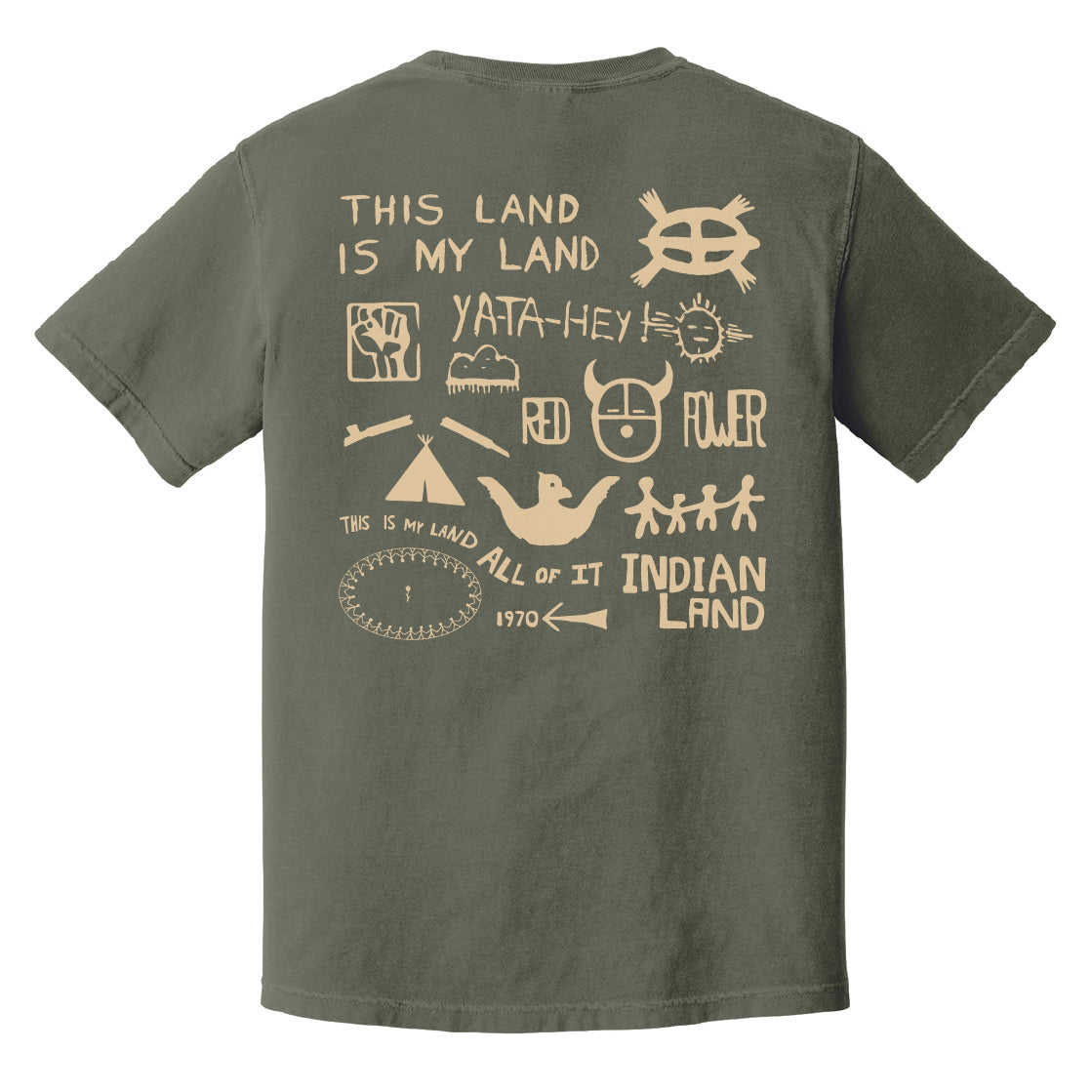Green t-shirt with 'Welcome to Indian Land' exhibit text political statements