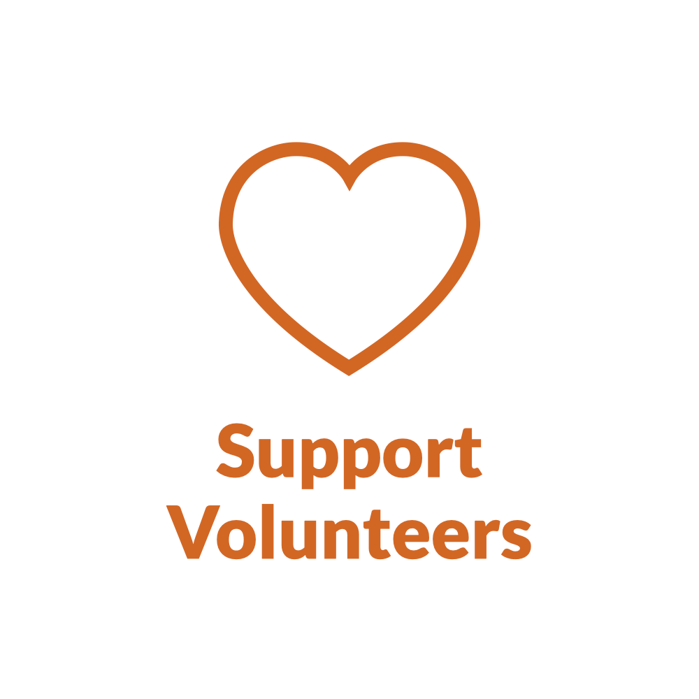 White circle with heart design and text Support Volunteers