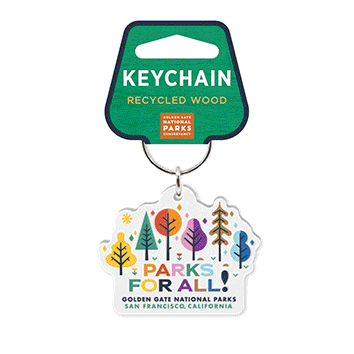 Park-themed keychains made from recycled wood by Golden Gate National Parks Conservancy